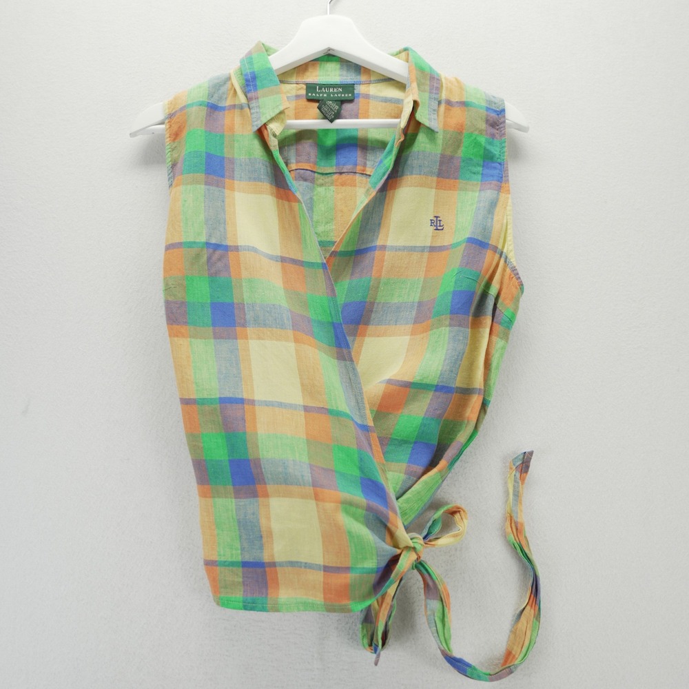 Lauren Ralph Lauren Linen Plaid Wrap Top Sleeveless Green Orange Blue Size 12